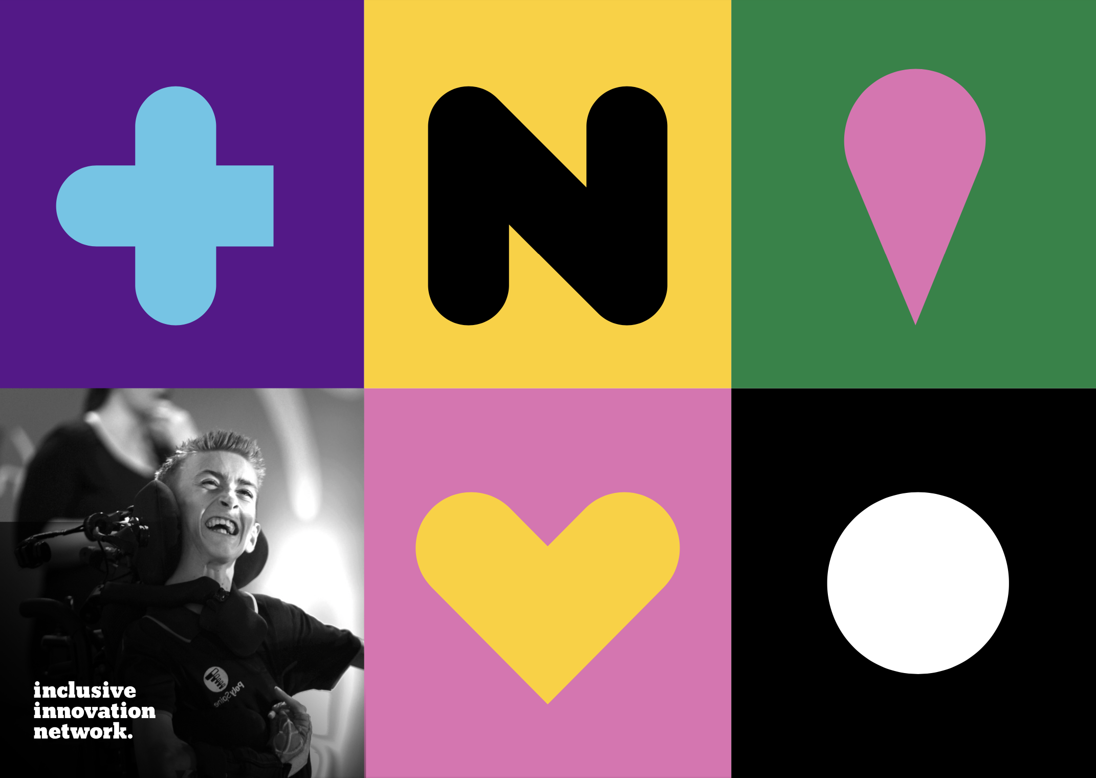 +N poster with a smiling young man in a wheelchair and colorful abstract shapes